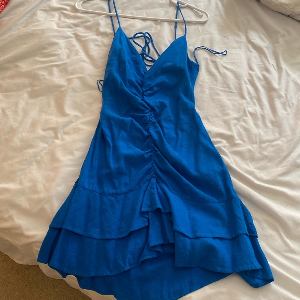 Zara blue ruched mini dress with open back